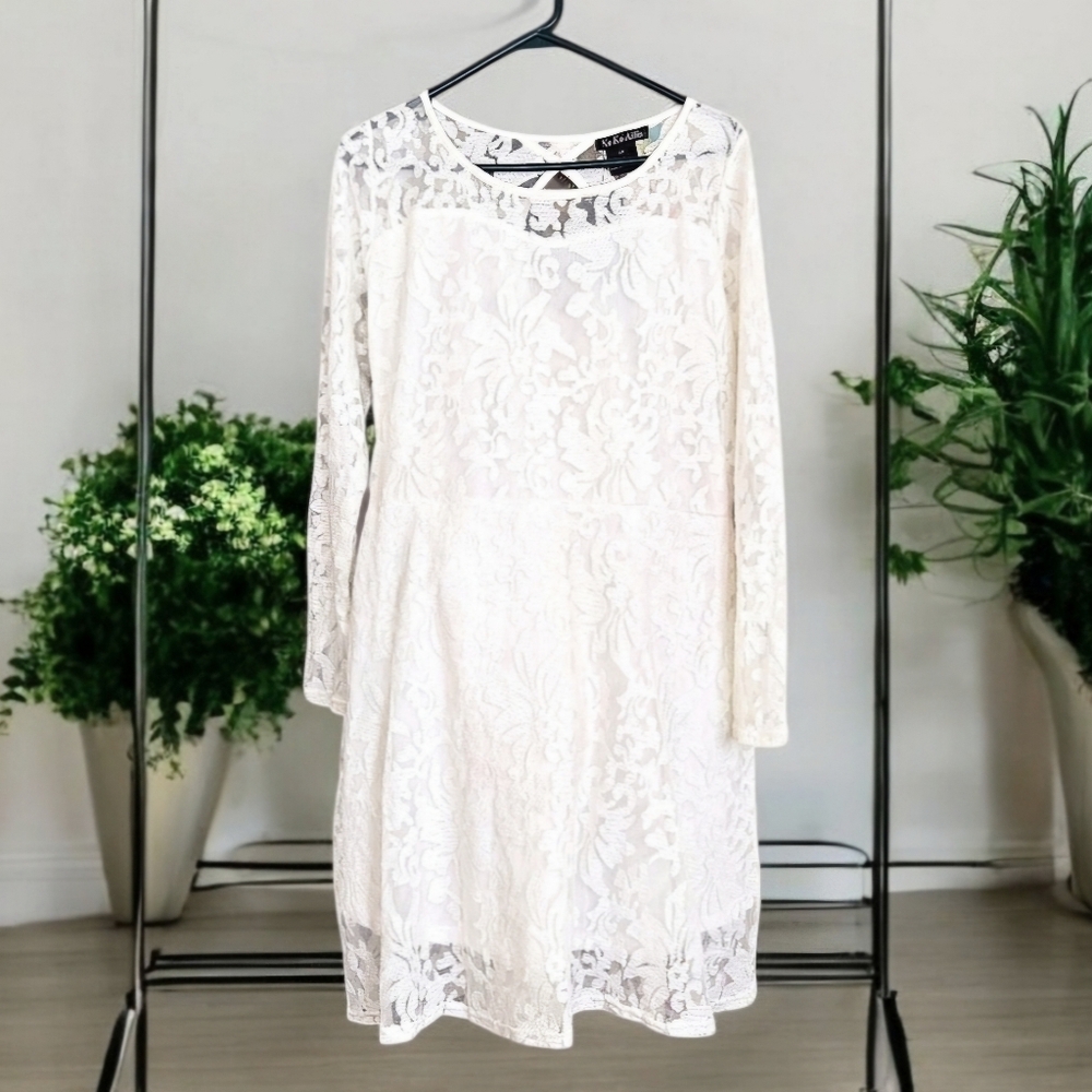 KoKo-Ailis White Lace Dress Midi Long Sleeve Keyhole Back 2X Party Wedding NWT - Picture 2 of 11